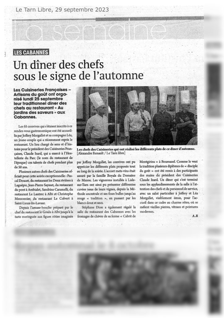 Article du Tarn Libre sur le Diner des Chefs des Artisans du Goût / Cuisineries Françaises du 25 septembre 2023.