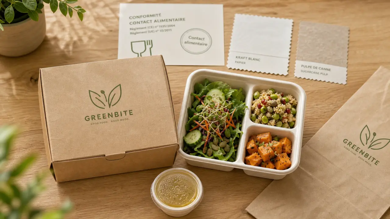 Emballage écologique alimentaire : boîte kraft, pulpe de canne et carton pour contact alimentaire