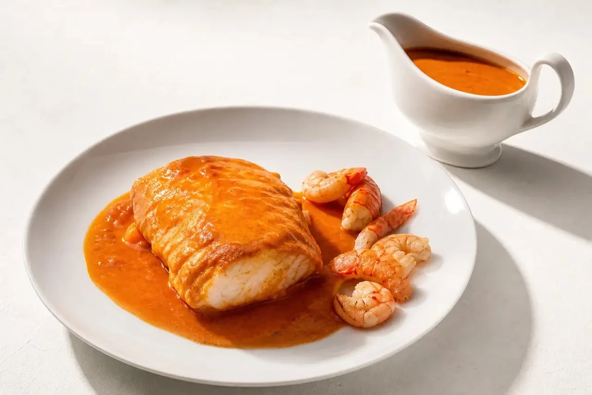 Recette sauce armoricaine servie sur poisson blanc avec sa sauce tomatée