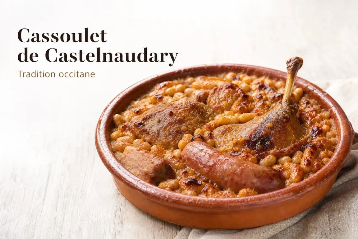 Recette cassoulet de Castelnaudary dans une cassole en terre cuite avec haricots, confit et saucisse