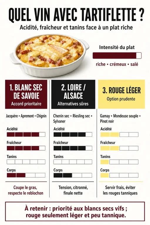 Quel vin avec tartiflette : comparaison visuelle des meilleurs accords entre vin blanc sec, alternatives de Loire et rouge léger