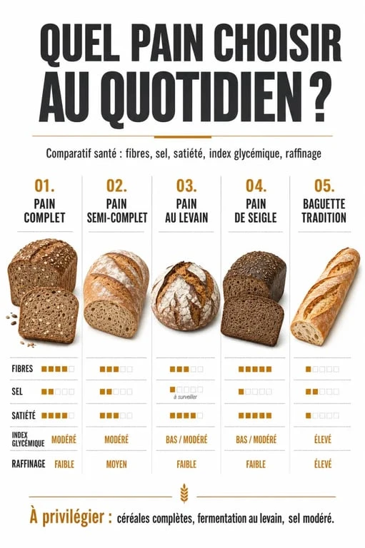 Quel pain manger : comparatif visuel des pains à privilégier selon les fibres, le sel et la satiété