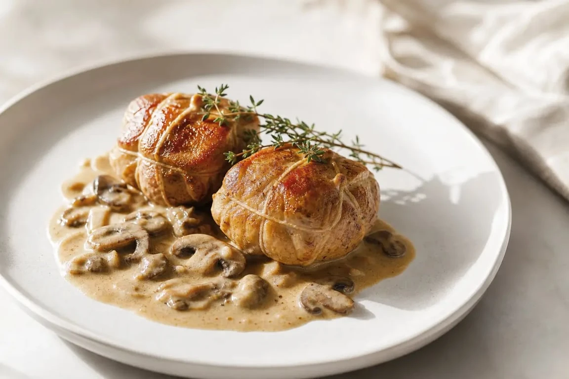 Paupiettes de veau au four dorées et savoureuses avec sauce aux champignons