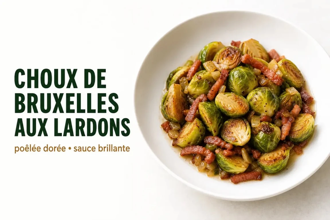 Recette choux de Bruxelles lardons servie en poêlée dorée dans une assiette