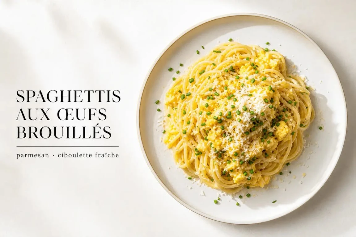 Recette de pâtes aux œufs brouillés, parmesan et herbes fraîches dans une assiette