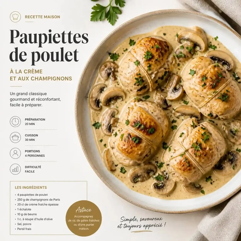 Recette de paupiette de poulet à la crème et aux champignons dans une assiette
