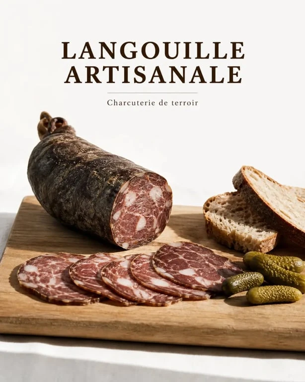Langouille de porc artisanale tranchée avec pain de campagne et cornichons
