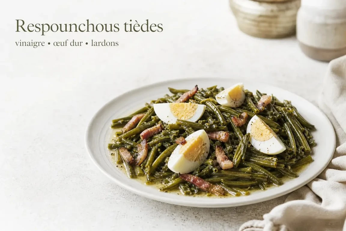 Recette respounchous servie tiède avec œuf dur et lardons, dressée en salade sur une assiette