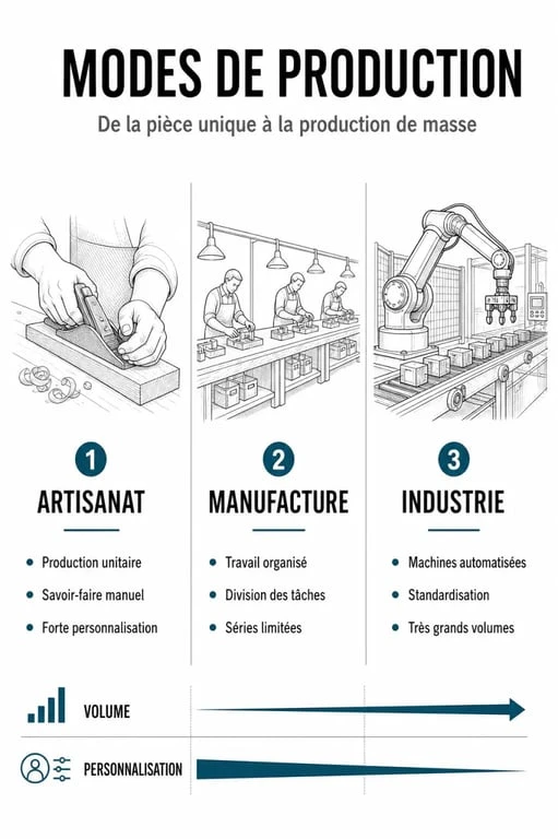 Infographie comparative des modes de production : artisanat, manufacture et industrie pour la fabrication artisanale