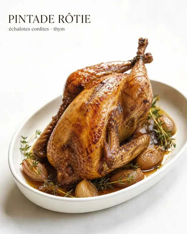 Recette de pintade rôtie au four servie sur un plat blanc avec jus brillant et herbes