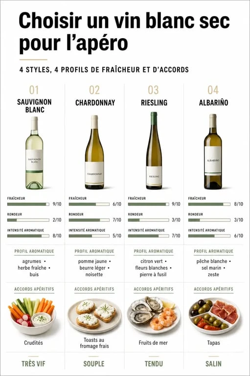 Infographie vin blanc sec apéro : comparaison des cépages et accords pour l’apéritif