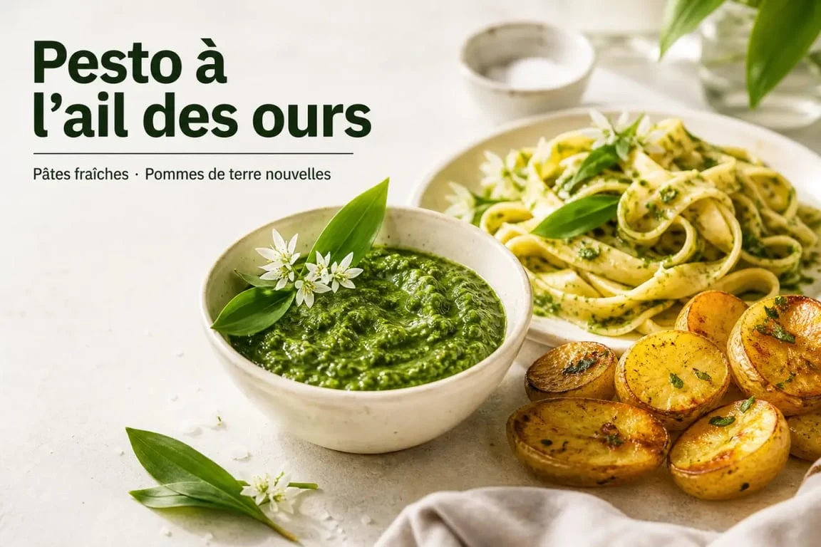 Recette ail des ours en cuisine : pesto à l’ail des ours servi avec pâtes fraîches et pommes de terre nouvelles