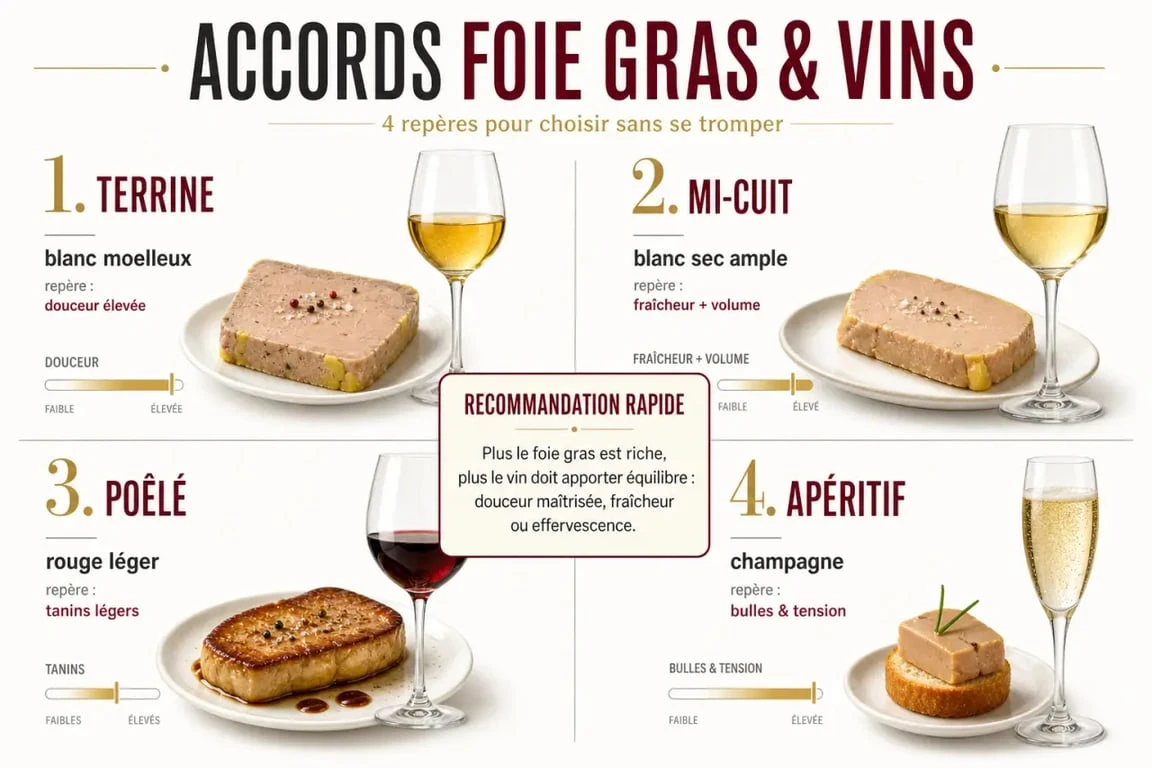 Quel vin avec foie gras : comparatif visuel des accords entre blanc moelleux, blanc sec, rouge léger et champagne