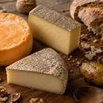 Fromage des Vosges : munster, bargkass et tommes sur une table en bois