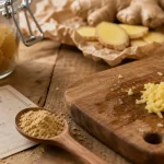 Gingembre cuisine : râpé frais et poudre sur table en bois