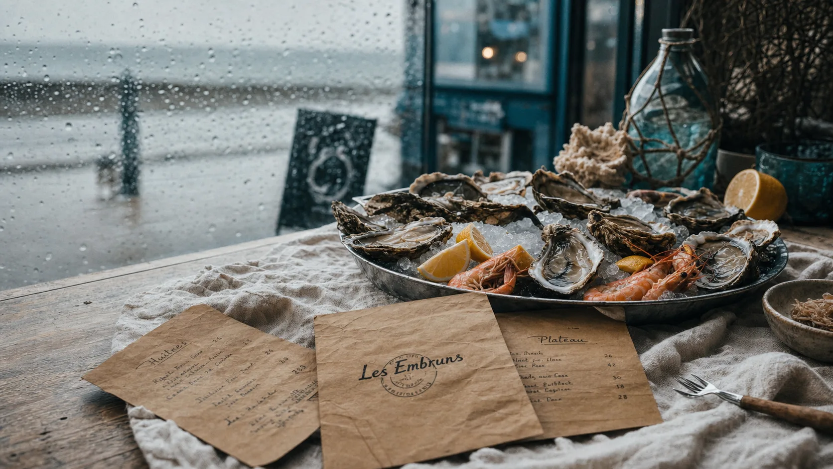 Les embruns restaurant : fruits de mer, table avec huîtres et crevettes