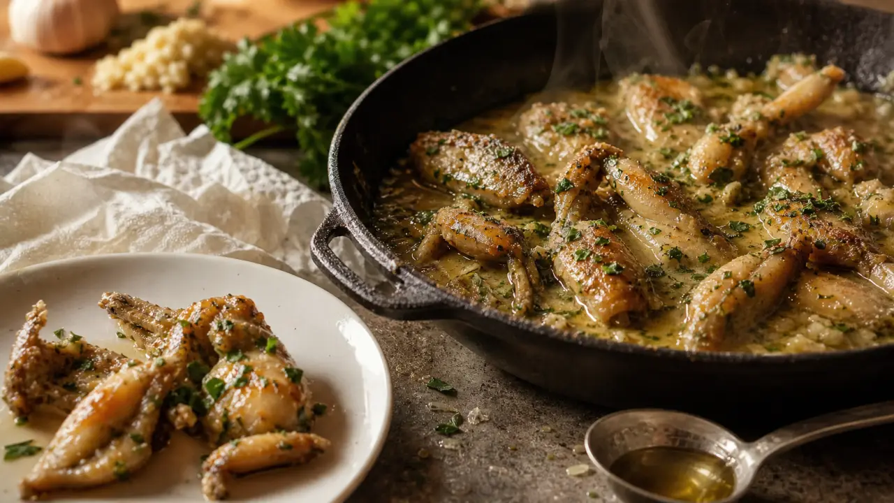 Recette cuisse de grenouille à la crème : cuisses dorées nappées de sauce