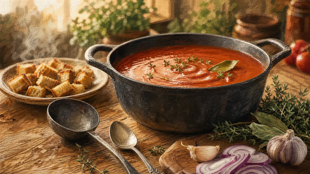 Soupe tomate grand mere velouté aux tomates, croûtons et herbes
