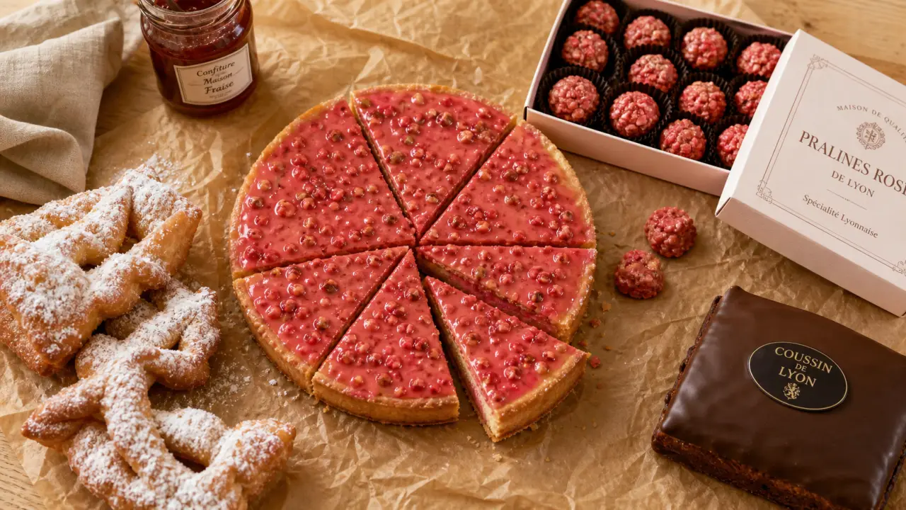 Spécialité lyonnaise sucré : praline rose, bugnes et coussin de Lyon
