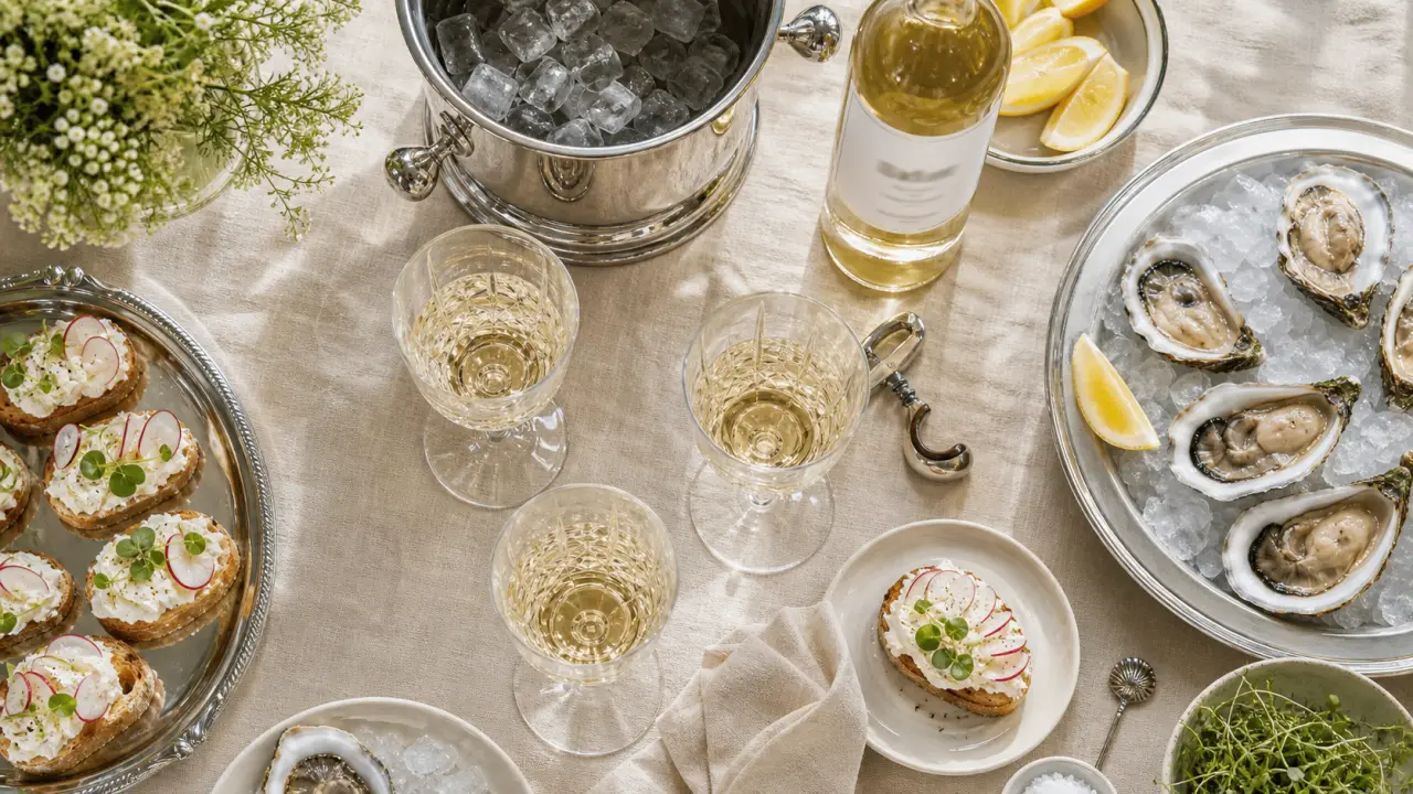 Vin blanc sec apéro : verres, seau à glace et amuse-bouches