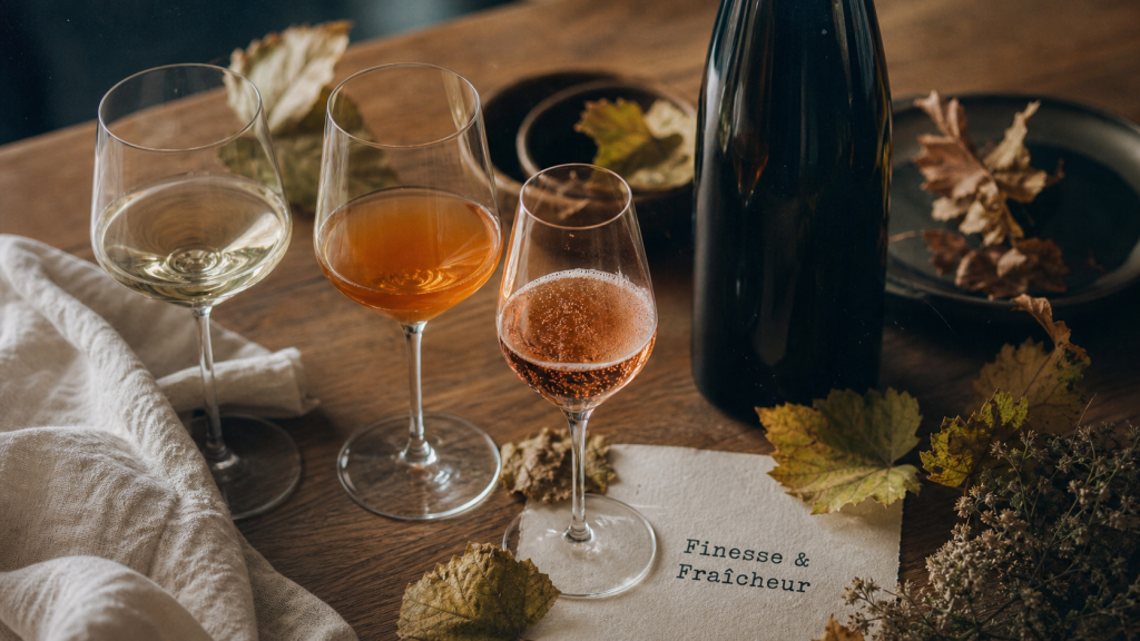 Vin nature alsace : verres et bouteille d’Alsace sur table en chêne