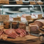 Charcuterie artisanale hourcq : salaisons, pâté et confits sur planche en chêne