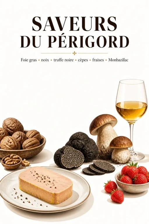 Gastronomie dordogne : marché périgourdin avec foie gras, noix, truffe noire et vin de Bergerac