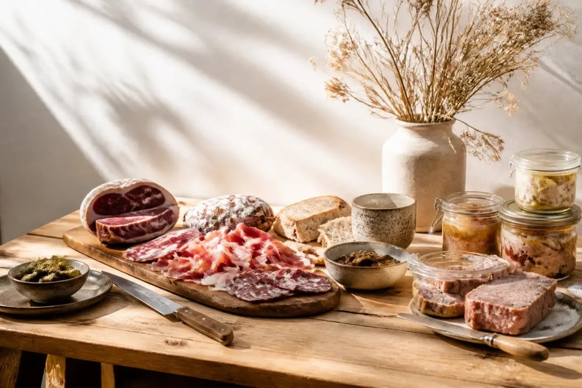 Charcuterie artisanale hourcq : assortiment de salaisons, pâtés et conserves présenté sur une table en bois