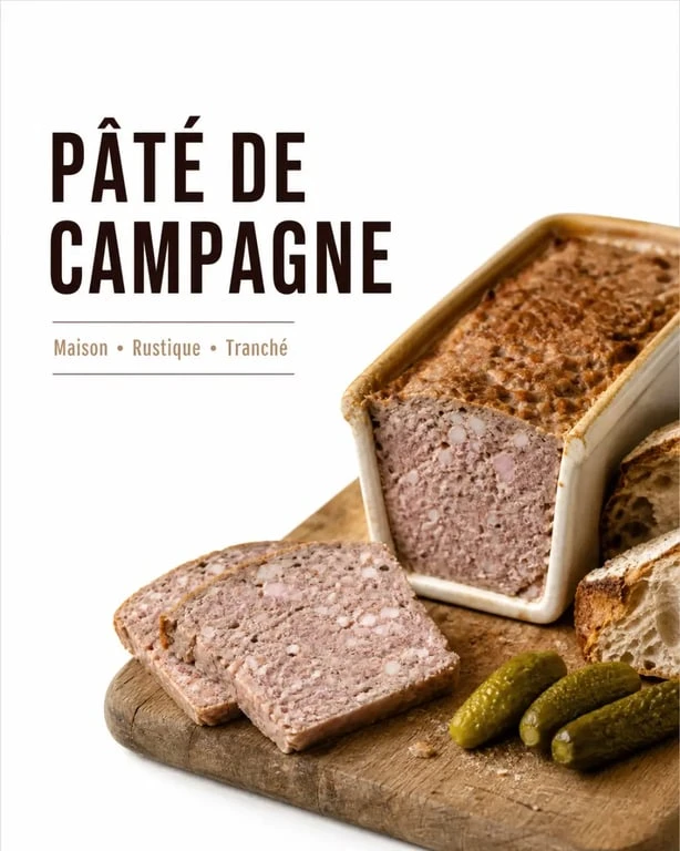 Pates de campagne maison tranchées en terrine avec pain de campagne et cornichons