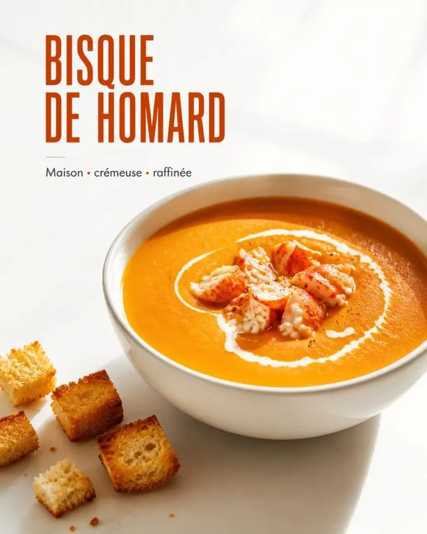 Recettes bisque de homard maison servie dans un bol chaud avec chair de homard et croûtons