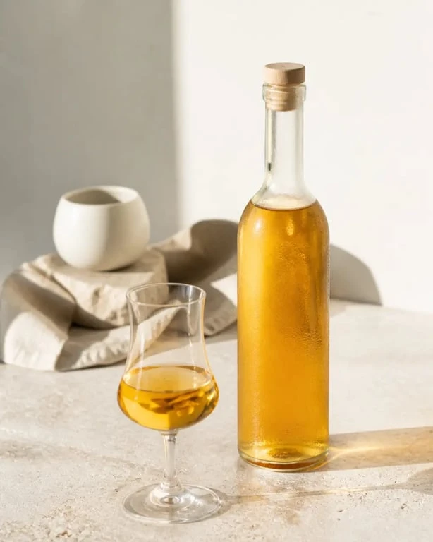 Recette chouchen maison en bouteille et verre servis sur une table rustique
