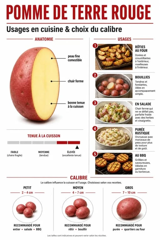 Pomme de terre rouge utilisation : infographie éditoriale des usages en cuisine et des cuissons recommandées