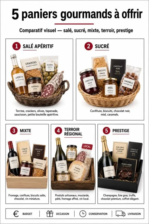 Panier gourmand idées cadeaux : comparaison visuelle des paniers salé, sucré, mixte, terroir et prestige selon l’occasion