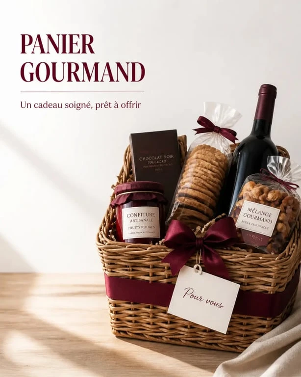 Panier gourmand idées cadeaux : panier prêt à offrir avec ruban, carte personnalisée et assortiment gourmand
