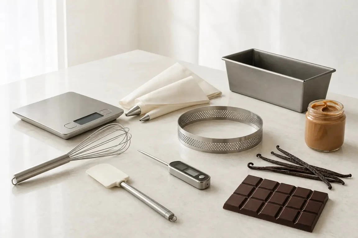Idées cadeaux patisserie : sélection d'ustensiles et d'ingrédients premium sur une table de cuisine