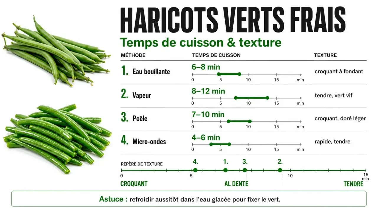Infographie sur la cuisson haricot vert frais avec temps de cuisson selon la méthode