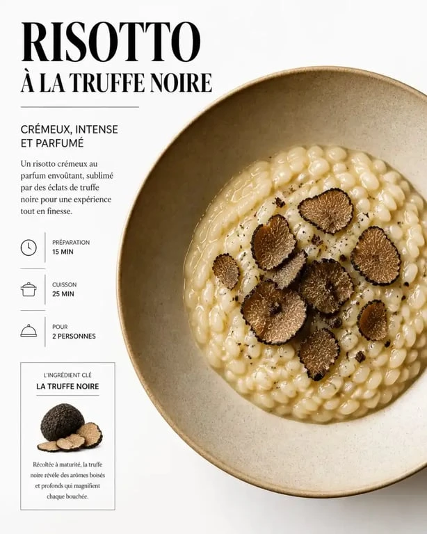 Risotto crémeux aux éclats de truffe noire, un produit d'épicerie fine raffiné