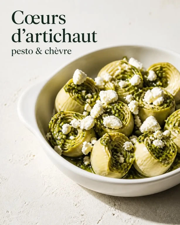 Recette avec coeur d artichaut au pesto et fromage de chèvre, servie dans un plat doré et appétissant