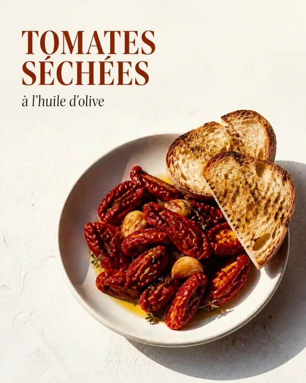 Tomate séchée recette italienne servie à l'huile d'olive avec herbes et pain grillé