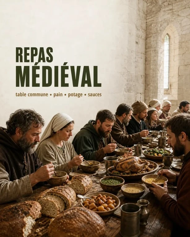 Repas médiéval servi sur une table commune avec pain, sauces et volaille rôtie