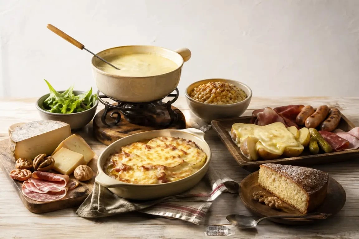 Spécialités savoyardes présentées sur une table rustique avec fondue, tartiflette, raclette et gâteau de Savoie