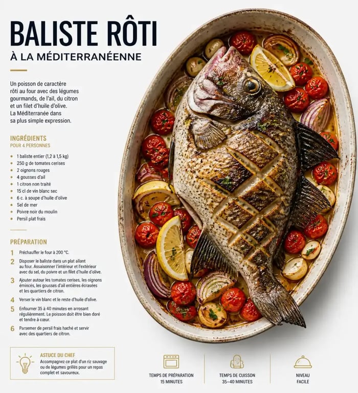 Recette de baliste au four façon méditerranéenne avec tomates, oignons et citron