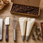 Idées cadeaux pâtisserie : ustensiles de pâtisserie et ingrédients premium sur table