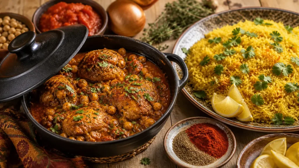 Poulet marocain en cocotte : riz safrané, pois chiches et sauce aux épices