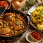 Recette au poulet marocain en cocotte : riz safrané aux pois chiches, sauce épices