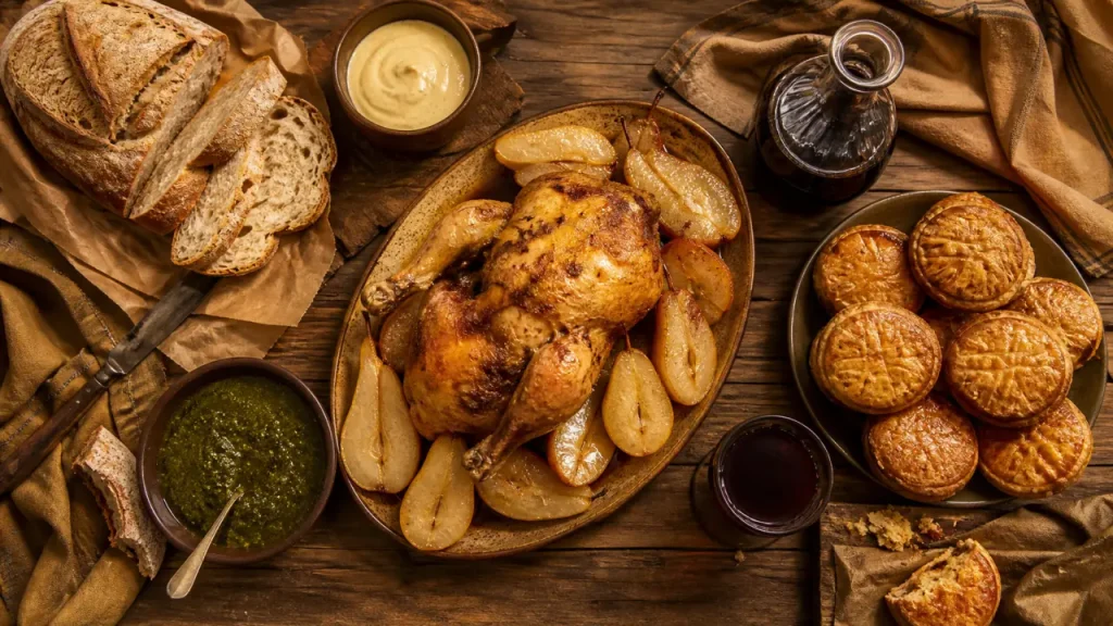 Repas médiéval crédible : 2 services, sauces cameline, verte et aillée