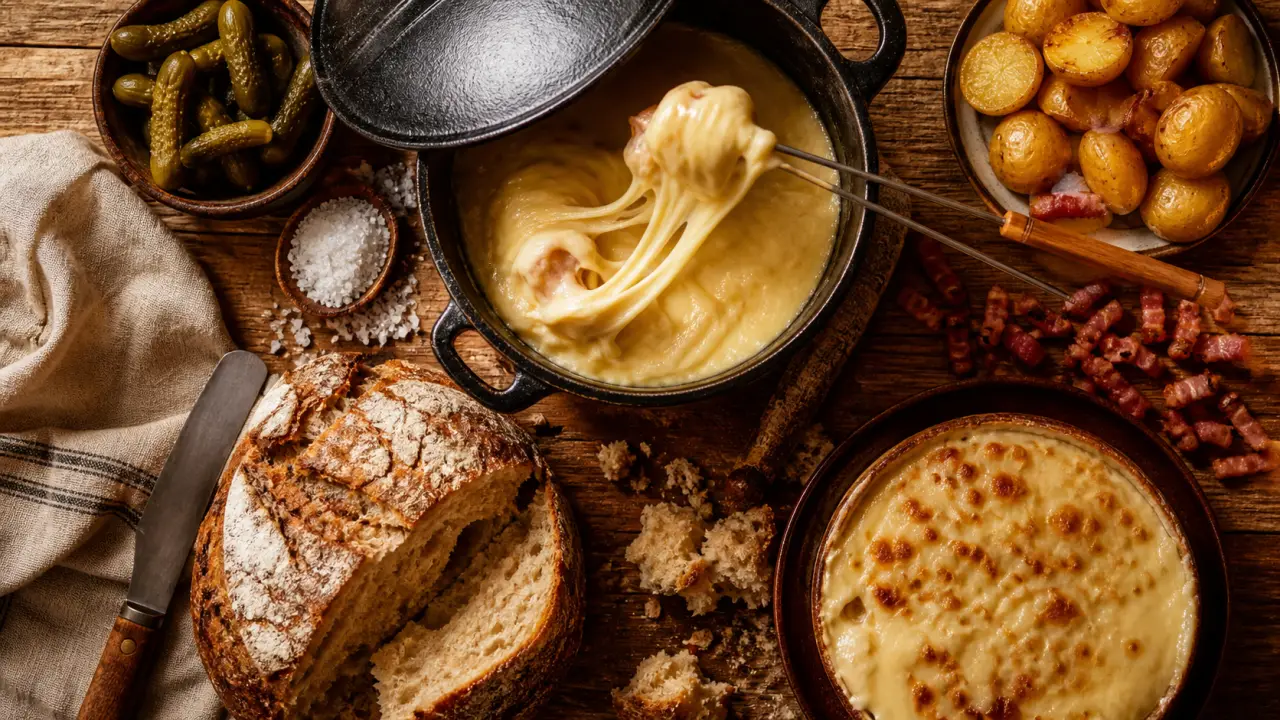 Spécialités savoyardes : fondue et tartiflette, crozets sur table savoyarde