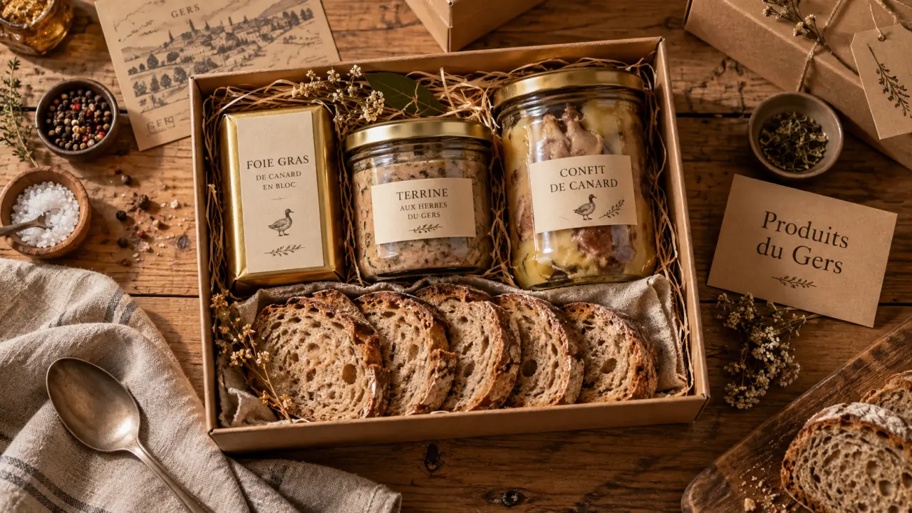 Au village produits du gers : coffret gourmand avec foie gras et terrines