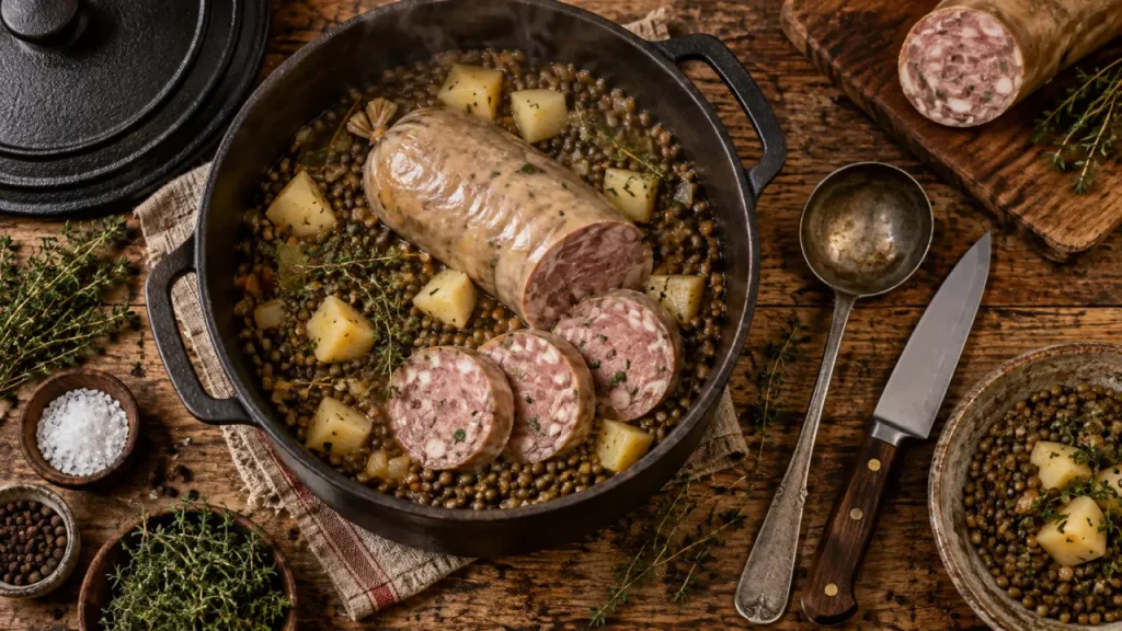 1 heure à frémissement pour cuire le saucisson de couenne sans l’éclater