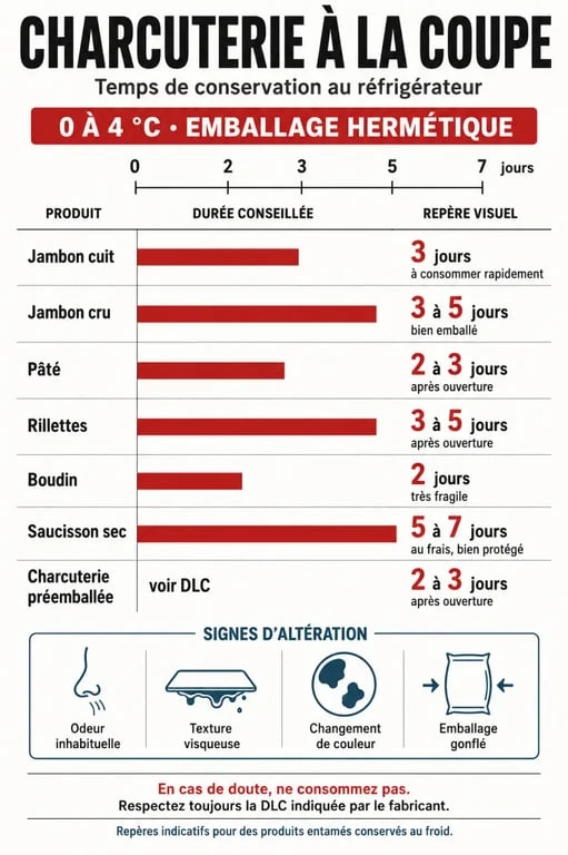 Infographie sur le temps de conservation de la charcuterie à la coupe selon le produit et l'emballage